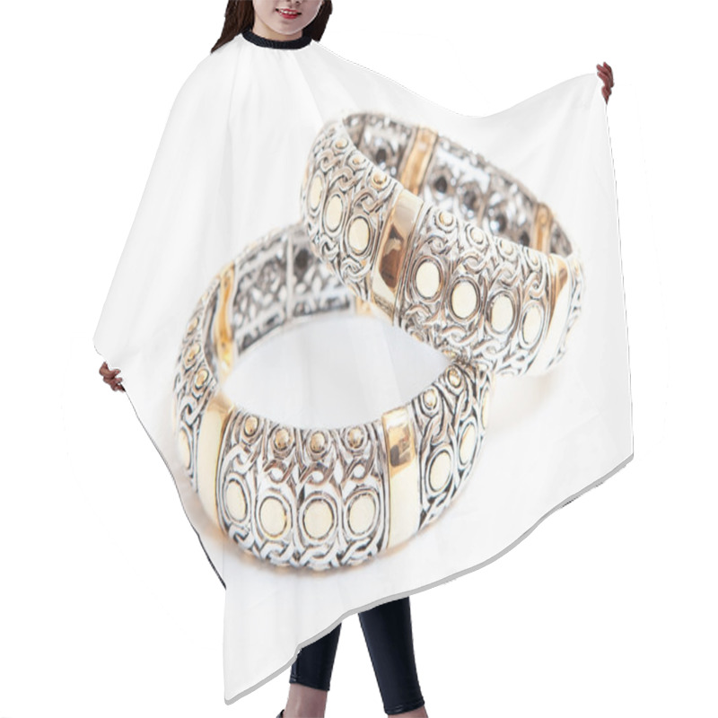 Personality  Two White Gold Braceletes On White Background Hair Cutting Cape