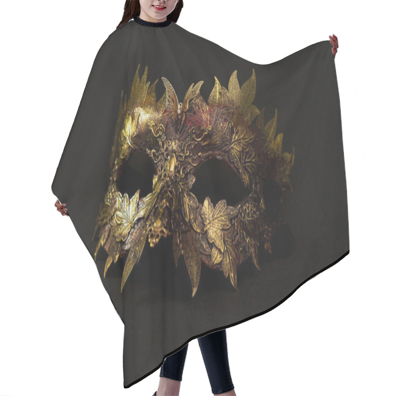 Personality  Venetian Mask In Gold And Red With Metallic Pieces In The Form Of Leaves. Original And Unique Design, Handmade Crafts Hair Cutting Cape