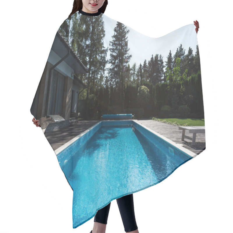 Personality  View Of Modern House With Blue Swimming Pool  Hair Cutting Cape