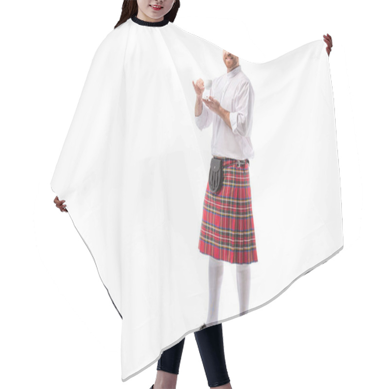 Personality  Smiling Scottish Redhead Man In Red Kilt Drinking Coffee On White Background Hair Cutting Cape