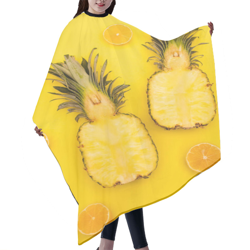 Personality  Top View Of Halves Of Juicy Lemons And Pineapples Isolated On Yellow  Hair Cutting Cape