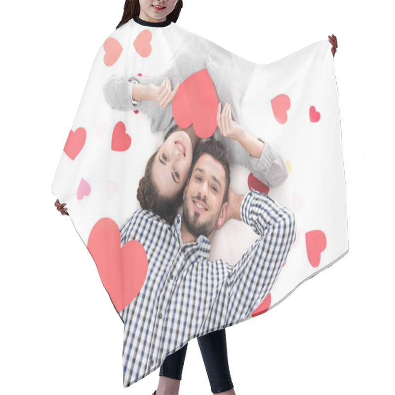 Personality  Overhead View Of Couple Lying With Paper Hearts Isolated On White, Valentines Day Concept Hair Cutting Cape