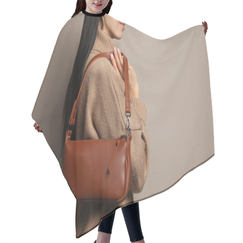 Personality  Fashionable Young Woman With Stylish Bag On Beige Background, Closeup. Space For Text Hair Cutting Cape