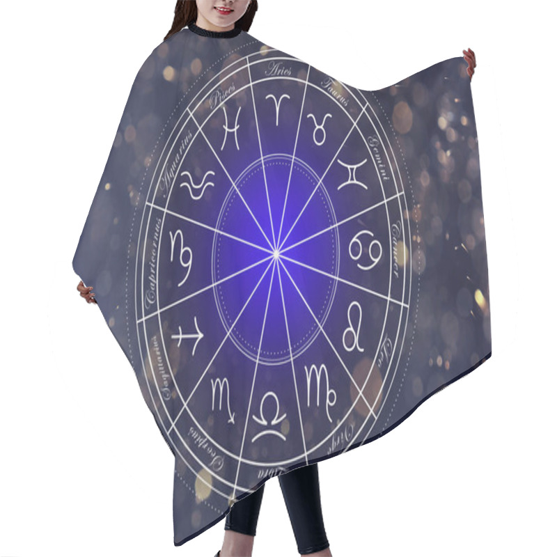 Personality  Zodiac Wheel With Symbols And Names Against Space Hair Cutting Cape