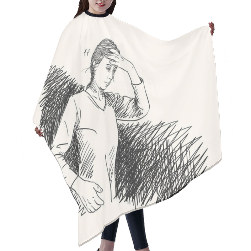 Personality  Sketch Of Young Woman Has Headache Holding Hand On Her Head With Hatched Dark Backdrop, Hand Drawn Vector Illustration Hair Cutting Cape