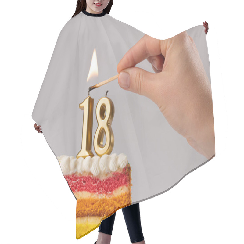 Personality  Rainbow Cake Dessert With 18 Number Candles Birthday Concept. Reaching Age Of Majority Background. Hair Cutting Cape