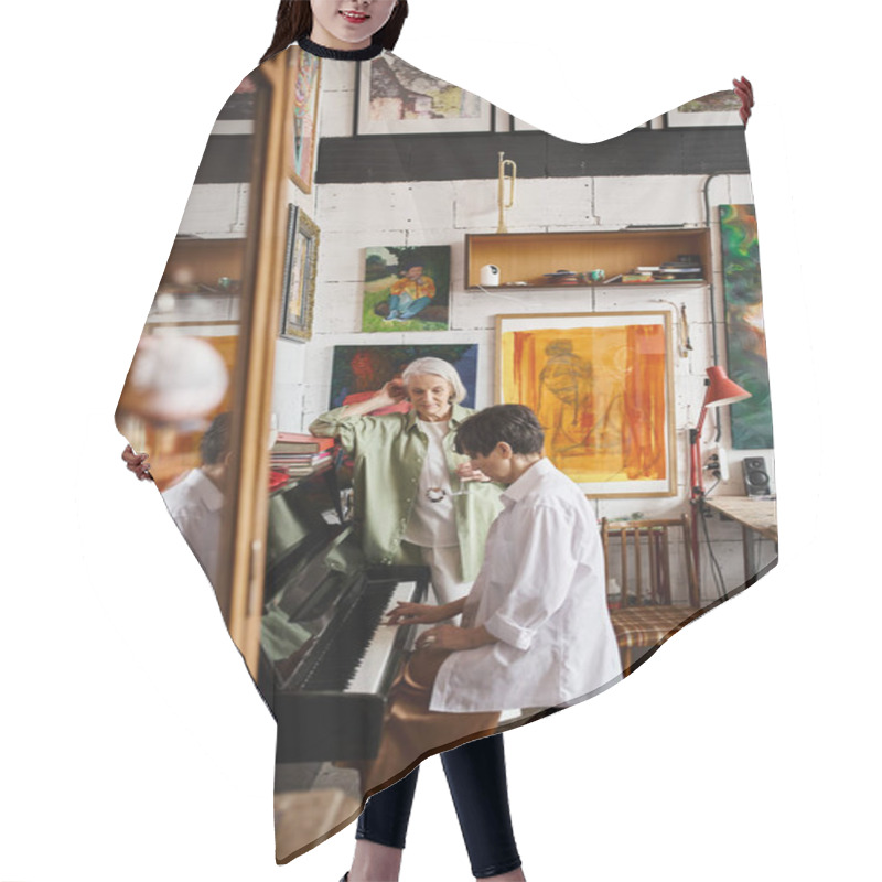 Personality  Mature Lesbian Couple Exploring Art Studio Together. Hair Cutting Cape