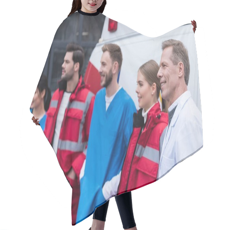 Personality  Ambulance Doctors Working Team Smiling And Standing In Front Of Car Hair Cutting Cape