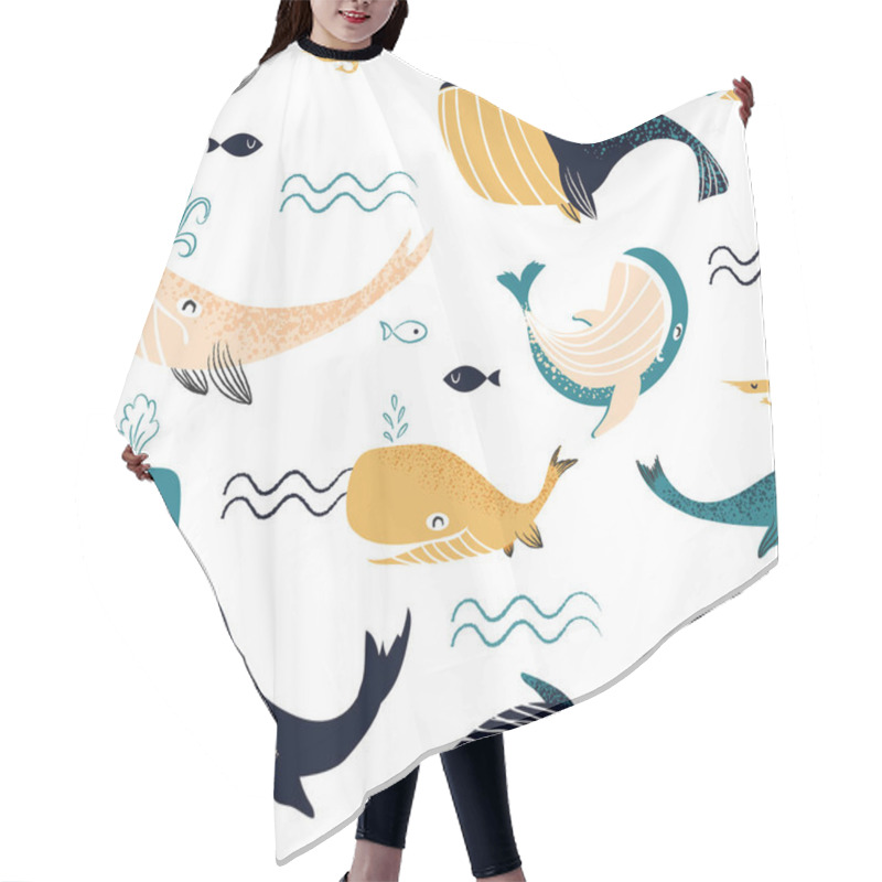 Personality  Whale Pattern. Seamless Print With Cartoon Ocean Swimming Characters. Adorable Water Wild Animals And Sea Waves. Humpbacks And Cachalots. Fish And Shrimp. Marine Mammals. Vector Texture Hair Cutting Cape