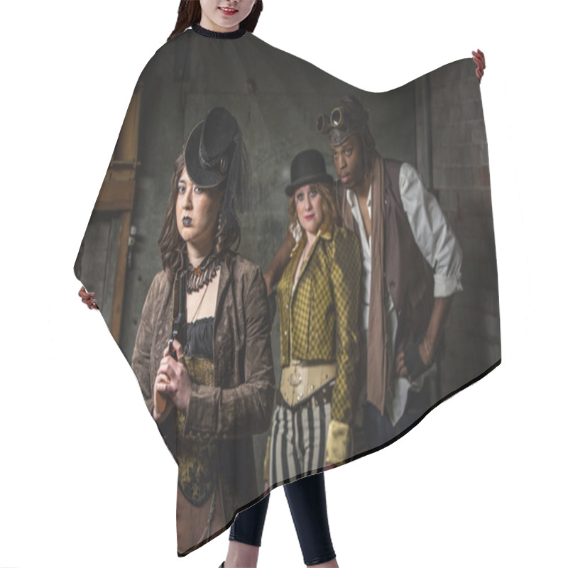 Personality  Steampunk Trio With In Retro Lab Hair Cutting Cape