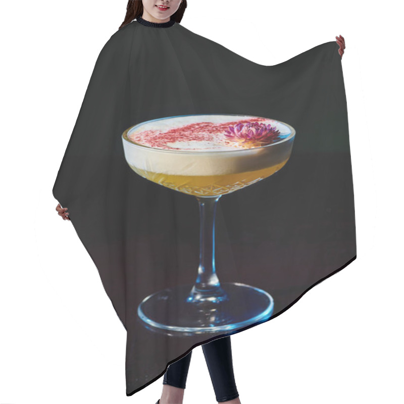 Personality  Quenching Elegant Daiquiri Decorated With Small Flower And Foam On Black Backdrop, Concept Hair Cutting Cape