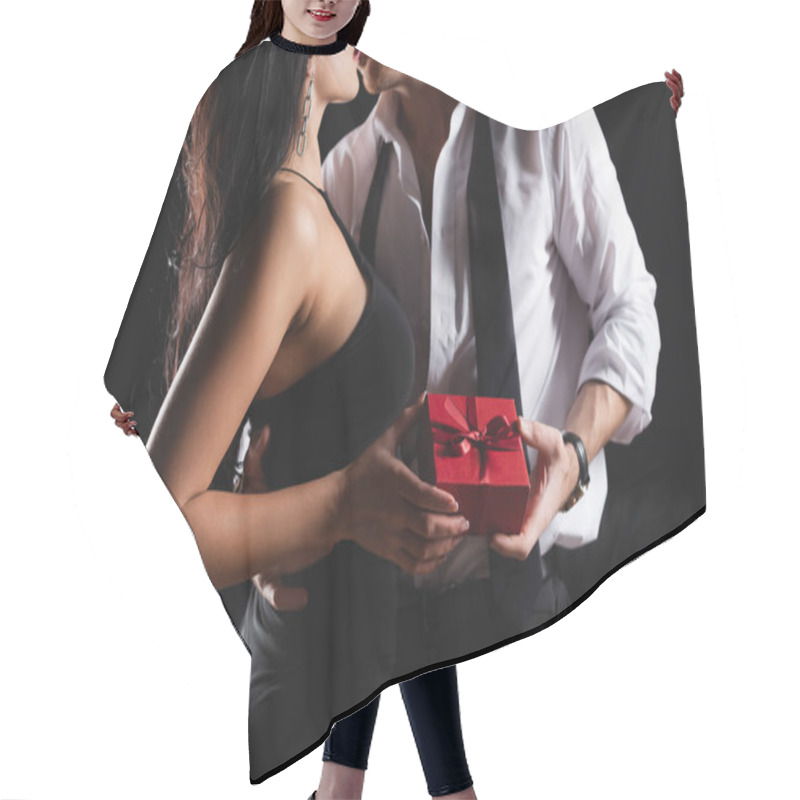 Personality  Cropped View Of Man Holding Gift Box And Kissing With Woman In Dress On Black  Hair Cutting Cape