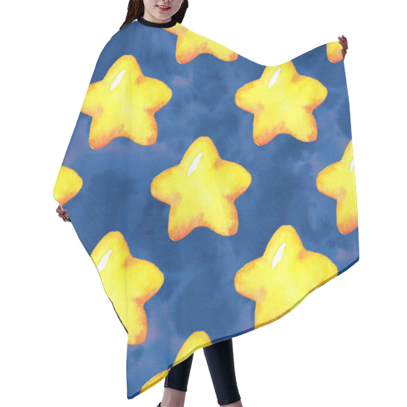 Personality  Seamless Pattern With Cartoon Yellow Stars On Blue Background Like As Night Sky. Hair Cutting Cape