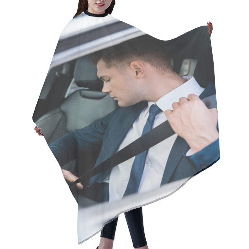 Personality  Young Businessman In Suit Holding Seatbelt In Car On Blurred Foreground Hair Cutting Cape