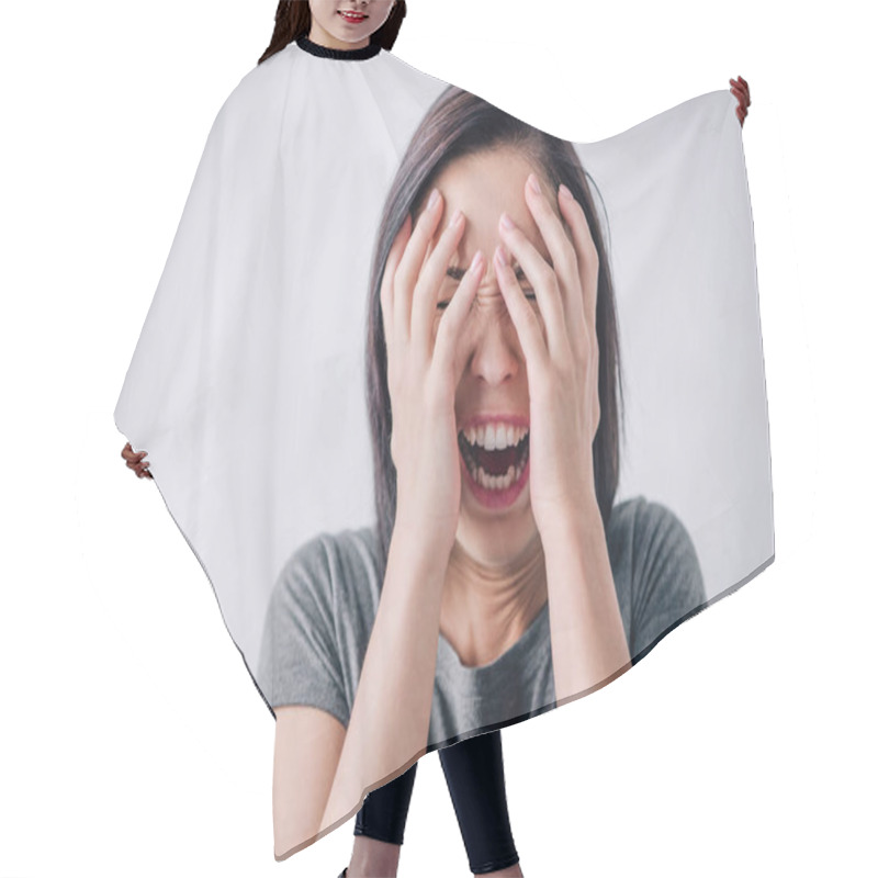 Personality  Upset Lonely Brunette Woman Covering Face With Hands At Home Hair Cutting Cape