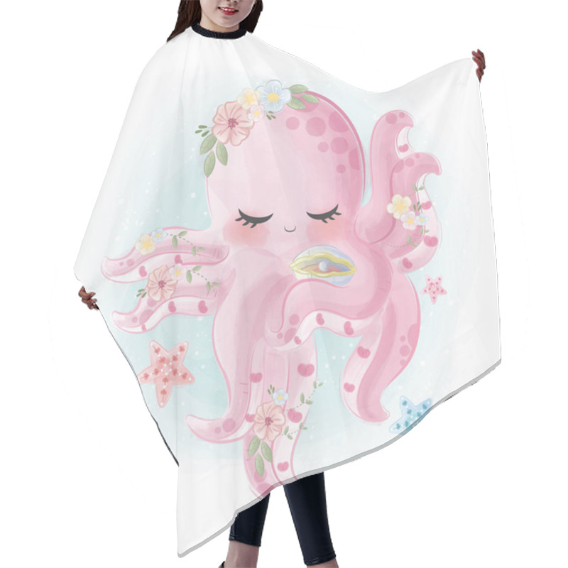 Personality  Cartoon Vector Illustration Of Beautiful Octopus With Flowers Hair Cutting Cape