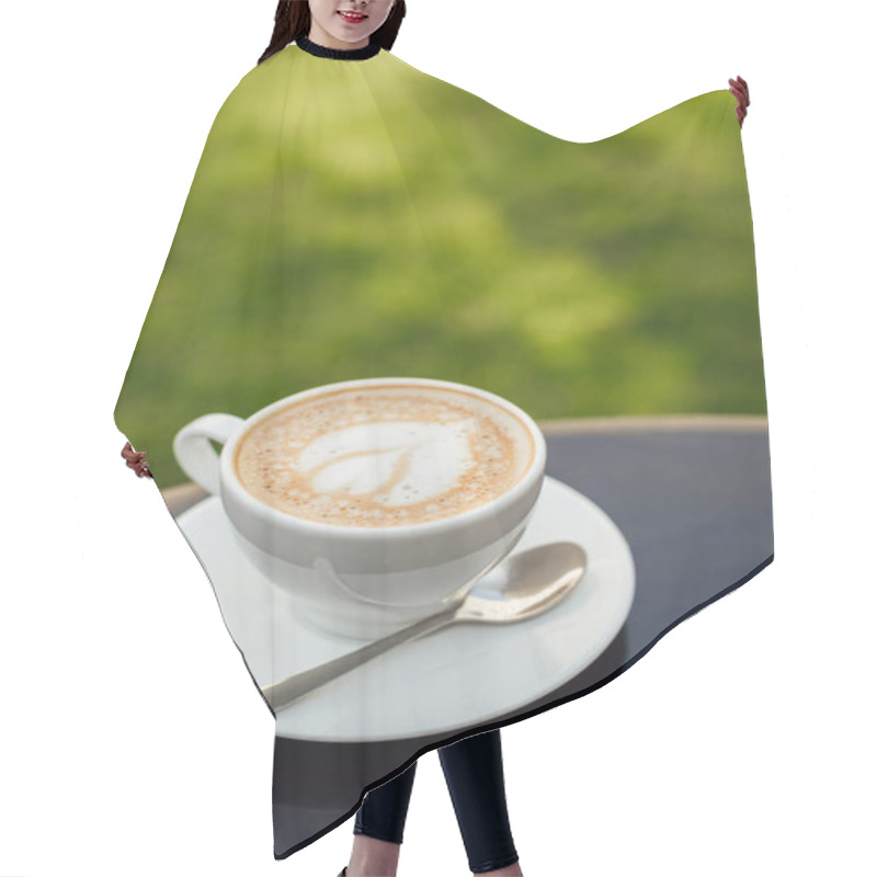 Personality  Cup Of Cappuccino With Plate And Spoon On Wooden Tabletop In Garden Hair Cutting Cape