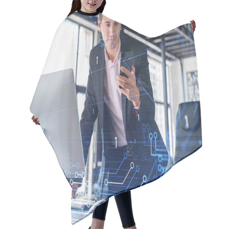 Personality  Businessman In Suit Using Smart Phone To Optimize Development By Implying New Technologies In Business Process. Interconnections And Hi Tech Hologram Over Modern Panoramic Office Background. Hair Cutting Cape