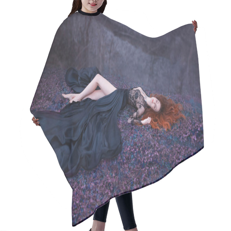 Personality  Lady Sleeping On The Ground With Long Red Fiery Hair Lies In A Luxurious Black Lace Dress With A Magnificent Train. Poisoned Princess With Sexy Bare Legs Fell On Purple Forest Flowers, Creative Photo Hair Cutting Cape