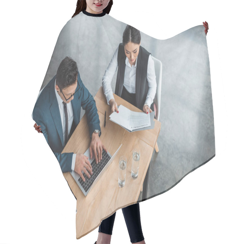 Personality  High Angle View Of Young Asian Business People Working With Laptop And Contract In Office Hair Cutting Cape