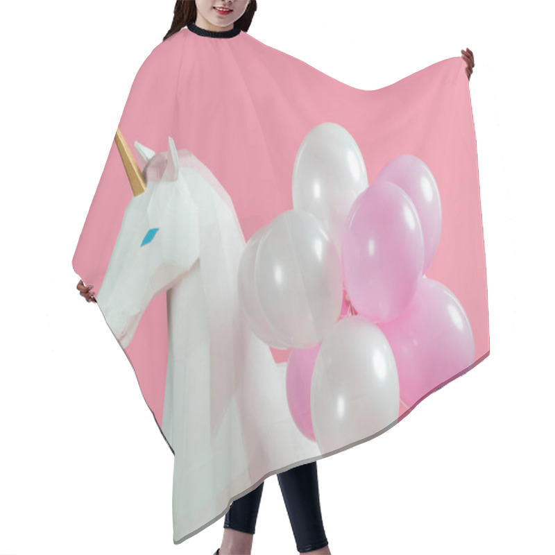 Personality  Party Decoration With Unicorn And Balloons Isolated On Pink Hair Cutting Cape