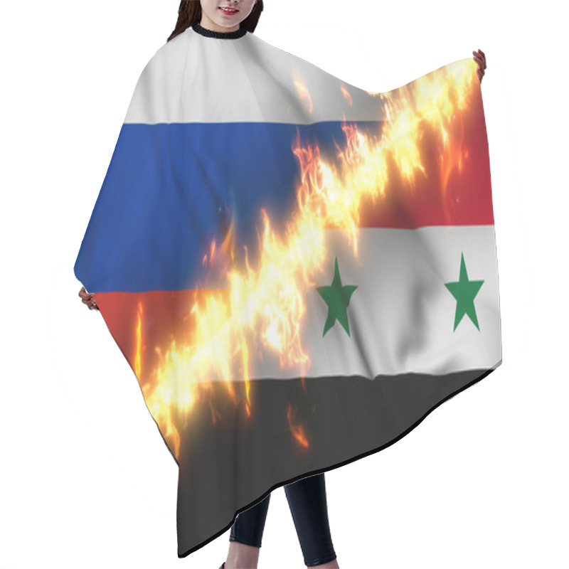 Personality  Illustration Of A Waving Flag Of Russia And Syria Separated By A Line Of Fire. Crossed Flags: Depiction Of Strained Relations, Conflicts And Rivalry Between The Two Countries Hair Cutting Cape