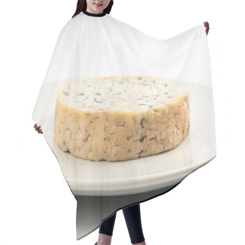 Personality  Fourme Cheese Isolated, Stinky French Cheese, Fourme D'Ambert Creamy Dairy Product, Gourmet Food, Semi-hard French Blue Round Cheese With Penicillium Roqueforti Spores Closeup Hair Cutting Cape