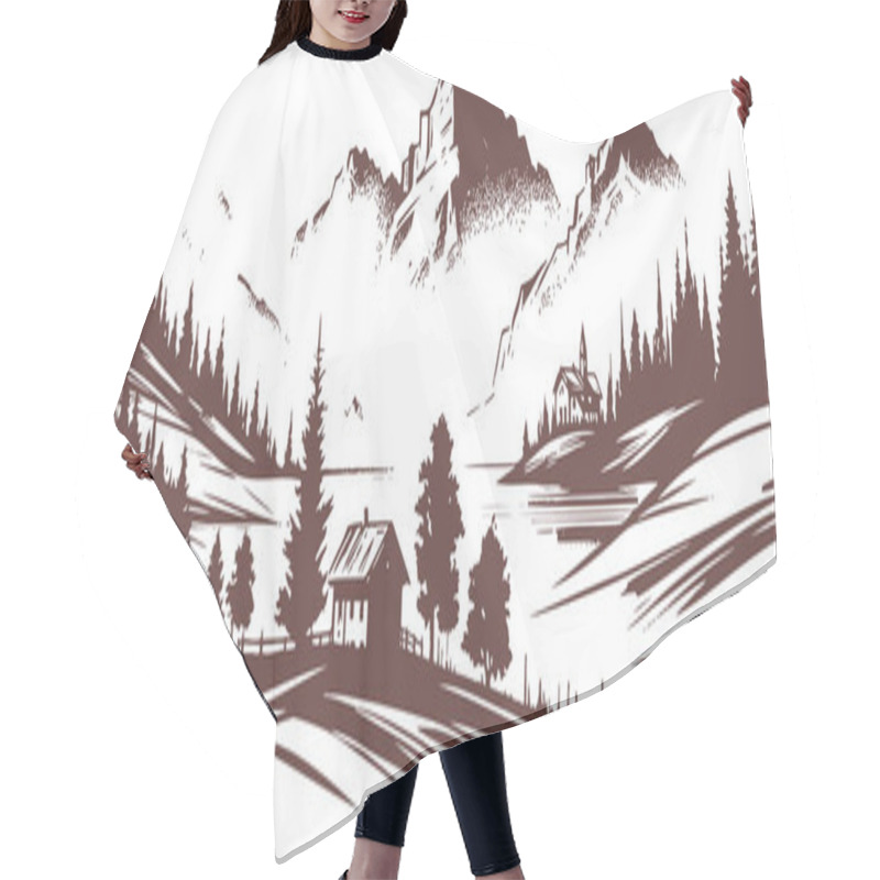 Personality  Alpine Lake Serenity A Brown Ink Illustration Of A Peaceful Mountain Retreat Hair Cutting Cape