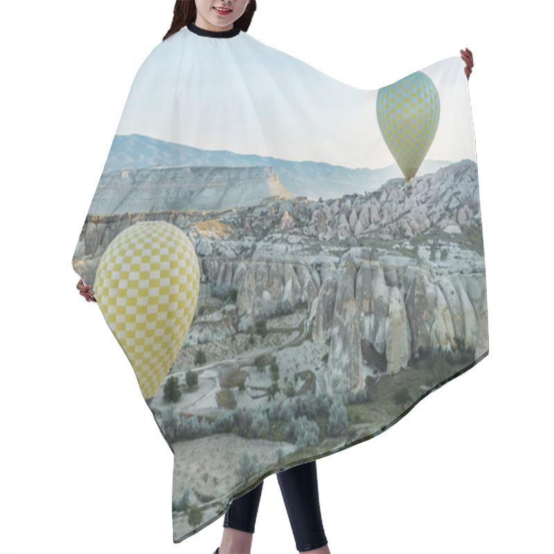 Personality  Front View Of Two Hot Air Balloons Flying Over Stone Formations In Valley Of Cappadocia, Turkey Hair Cutting Cape