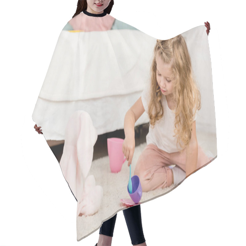 Personality  Adorable Preschooler Playing With Rabbit Toy And Plastic Cups In Children Room Hair Cutting Cape