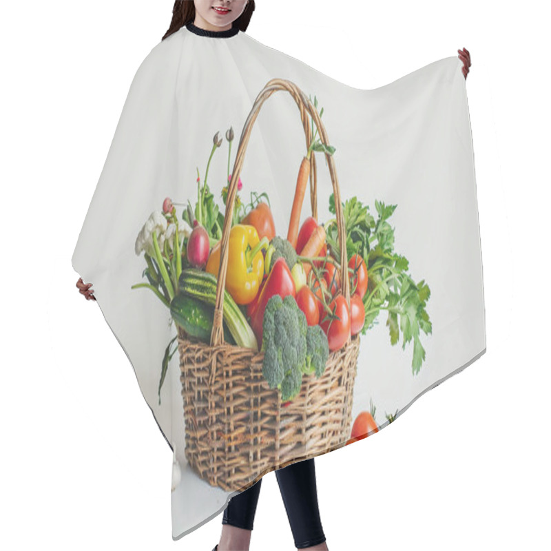 Personality  An Assortment Of Fresh Beautiful Vegetables In A Basket On A Light Background. Vegetables. Hair Cutting Cape