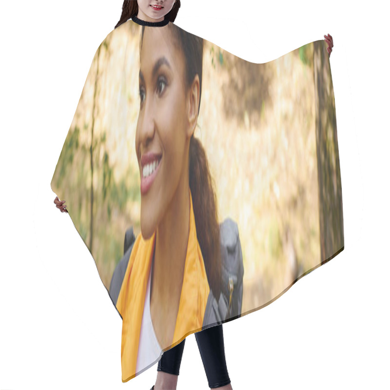 Personality  A Young African American Woman Enjoys A Refreshing Hike Amidst Autumn Foliage In A Lush Forest. Hair Cutting Cape