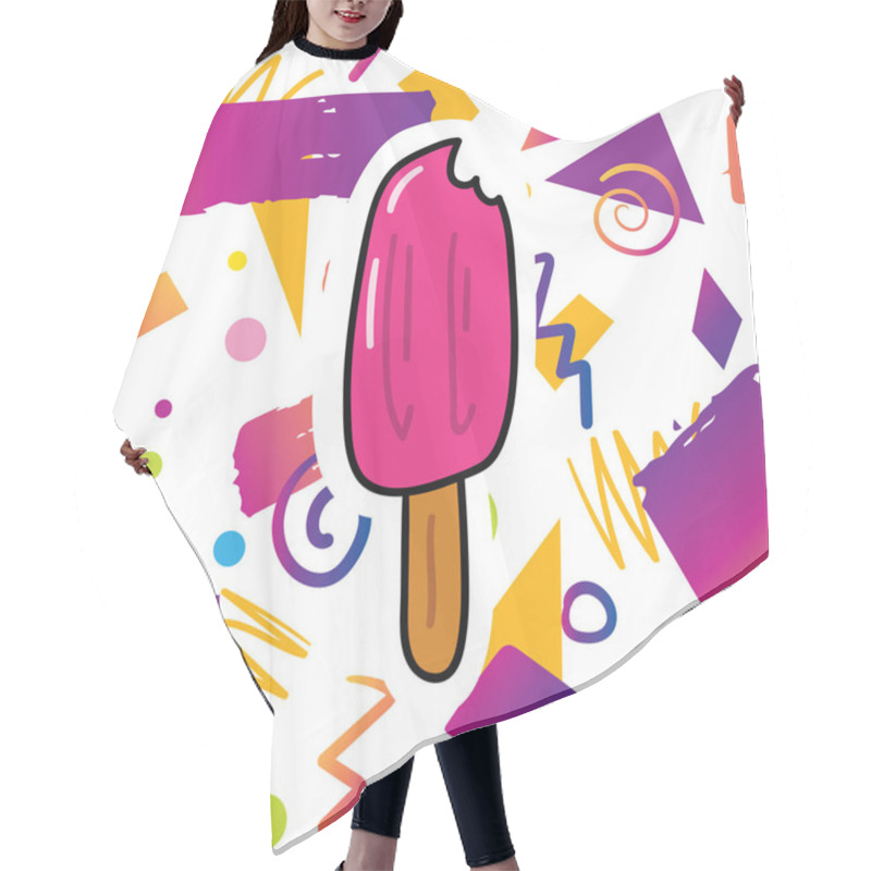 Personality  Trendy Card Prind Design With Juicy Tasty Sweet Popsicle On Hipster Memphis Style Background Pattern. Cartoon Style Design Concept Hair Cutting Cape