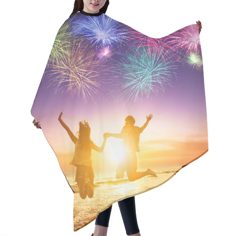 Personality  Young Couple Jumping On The Beach With Fireworks Background Hair Cutting Cape