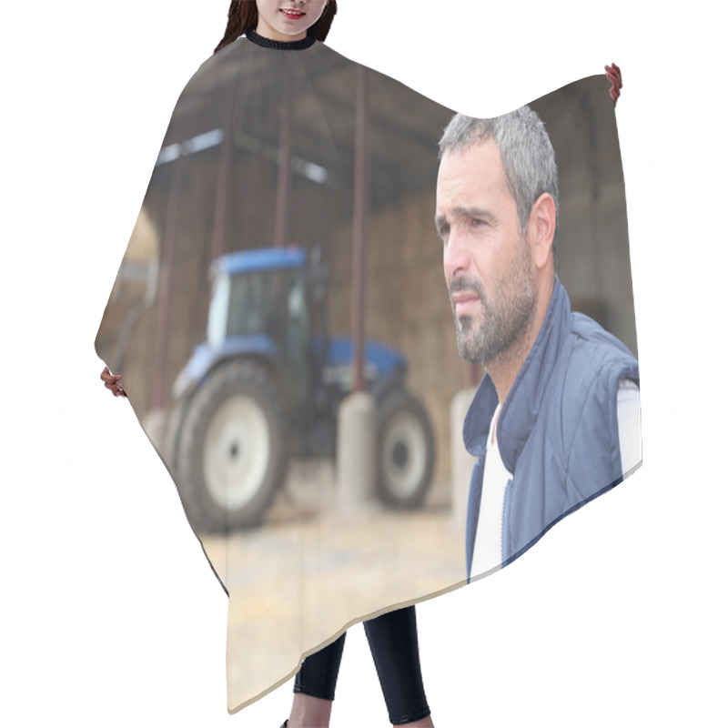 Personality  Farmer Standing In Front Of A Barn Containing A Tractor Hair Cutting Cape