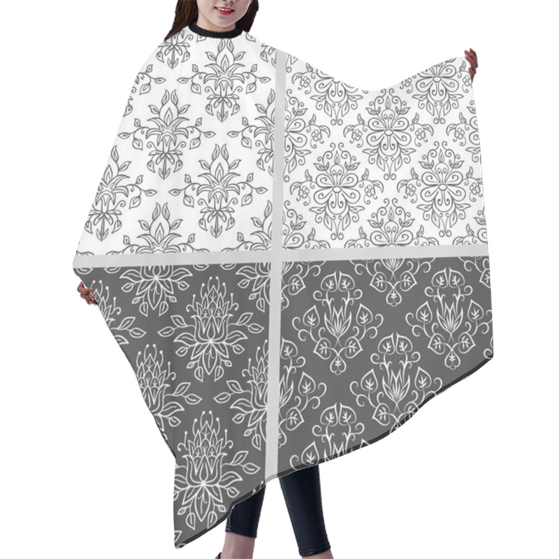 Personality  Set Of Seamless Black And White Floral Ethnic Patterns. Hair Cutting Cape