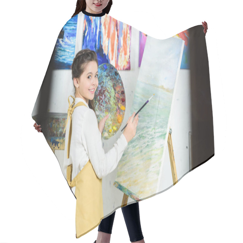 Personality  Side View Of Kid Painting And Holding Palette In Workshop Of Art School Hair Cutting Cape