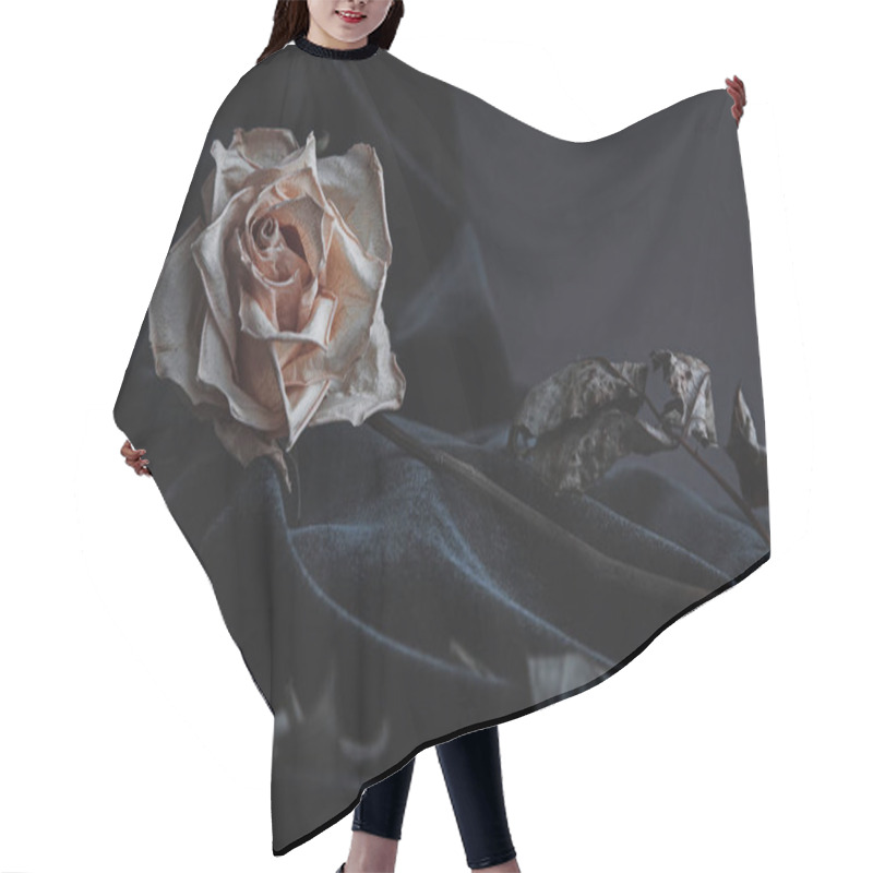 Personality  Dried White Rose On Gray Background With Dark Velvet Draping Hair Cutting Cape