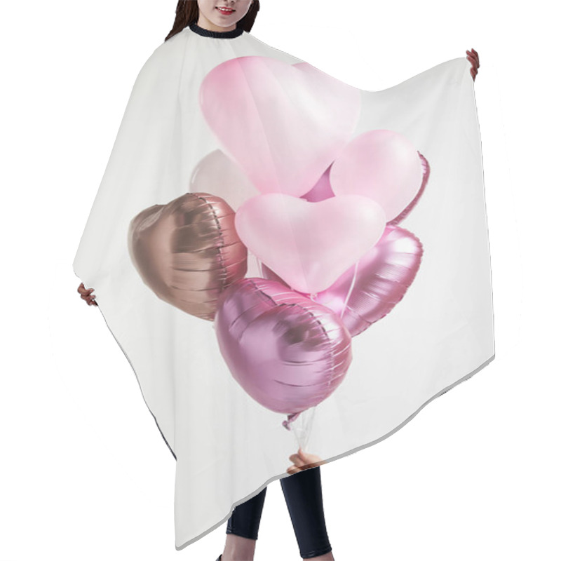 Personality  Cropped View Of Girl Holding Heart-shaped Pink Air Balloons Isolated On White Hair Cutting Cape