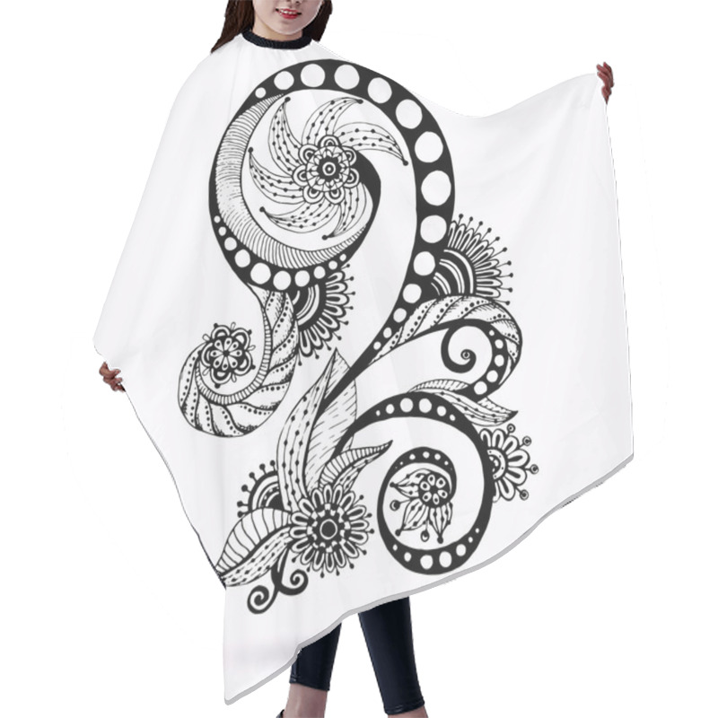 Personality  Henna Paisley Mehndi Doodles Abstract Floral Vector Illustration Design Element. Black And White Version. Hair Cutting Cape