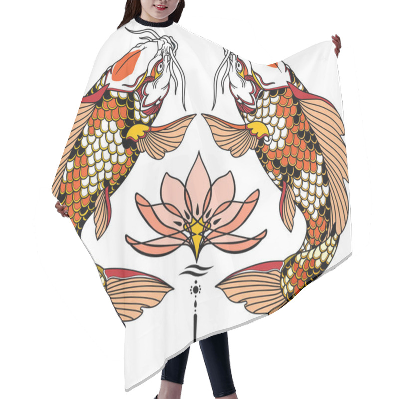 Personality  Two Japanese Koi Carp Fishes And Water Lily Flower. Tattoo. Vector Illustration Hair Cutting Cape