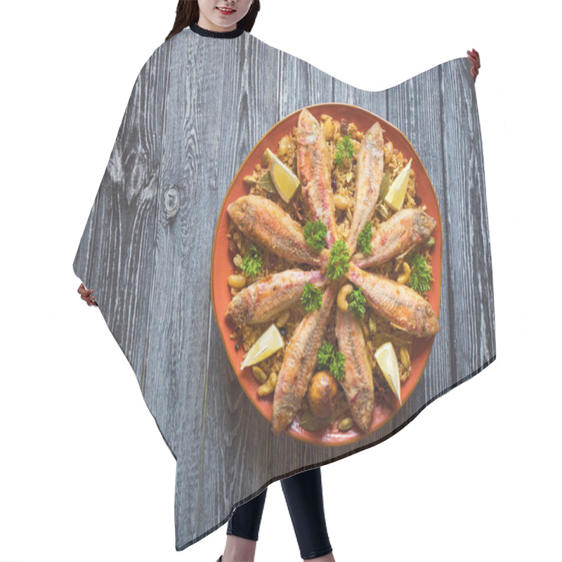 Personality  Arabian Fish Kabsa On A Dark Wooden Background. Hair Cutting Cape