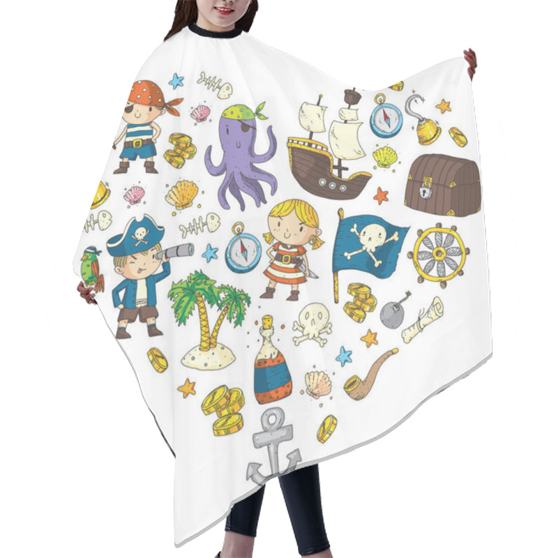 Personality  Pirate Adventures Pirate Party Kindergarten Pirate Party For Children Adventure, Treasure, Pirates, Octopus, Whale, Ship Kids Drawing Vector Pattern For Banners, Leaflets, Brochure, Invitations Hair Cutting Cape