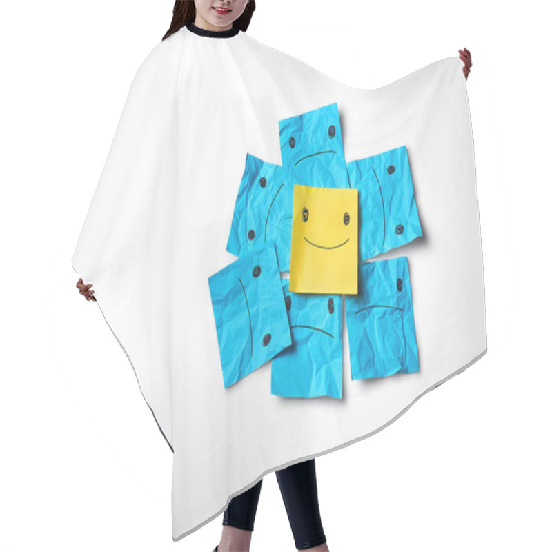 Personality  Sad Blue Paper Faces Surrounding A Happy Yellow Face. Blue Monday Concept. Hair Cutting Cape