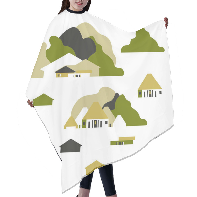 Personality  House Among The Hills And Trees. Flat Style. Tourism And Recreation. Set Of Elements. Vector Illustration. Hair Cutting Cape