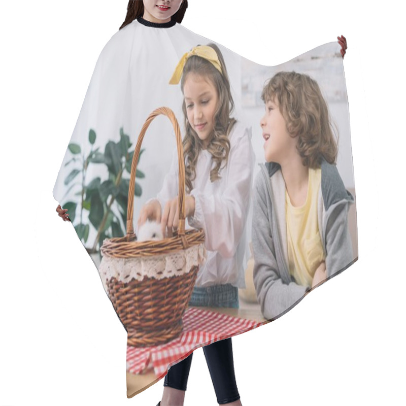 Personality  Adorable Little Kids Playing With Cute Rabbit In Basket On Table With Easter Eggs Hair Cutting Cape