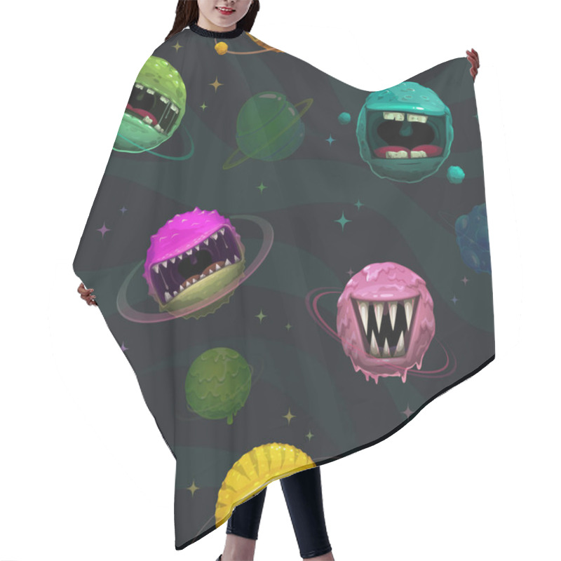 Personality  Cartoon Background. Seamless Pattern With Scary Monster Planets. Alien Space Concept. Hair Cutting Cape