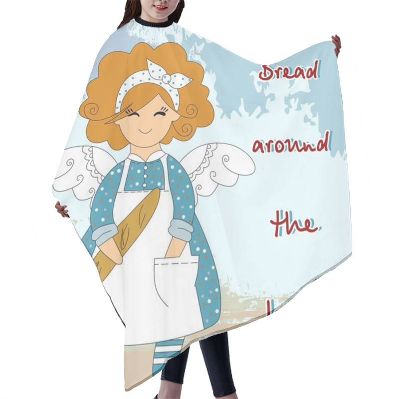 Personality  Bread Around The Head. Chef Cook With A French Loaf In His Hands In A White Apron And Apron In A Beautiful Dress With Polka Dots Angel Baker. Beautiful Baker Hair Cutting Cape