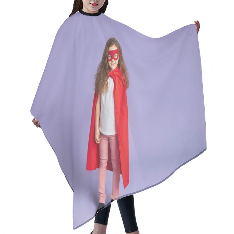 Personality  Little Kid Wearing Red Suit And Mask Imagines Herself As Superhero Hair Cutting Cape