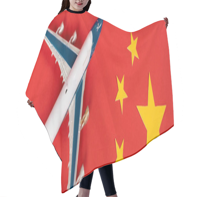 Personality  Panoramic Shot Of Toy Airplane On Red Chinese Flag  Hair Cutting Cape